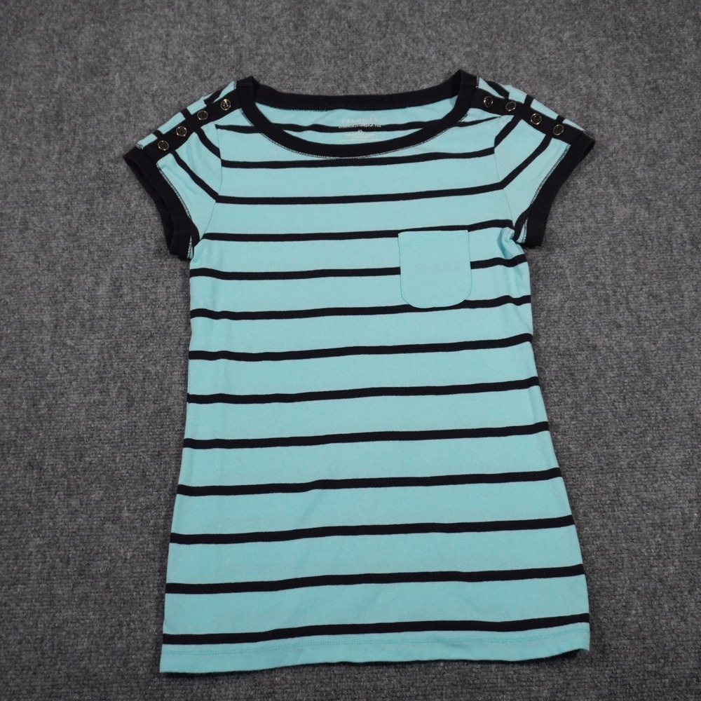Talbots Weekend Tee XS‎ Striped Aqua Blue Black Button Shoulder Top